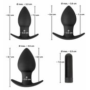 Sada tří silikonových análník kolíčků s vyjímatelnou vibrační patronou Black Velvets Vibrating Butt Plugs (8,3-9,7 cm, Ø 3,3 - 4,5 cm)